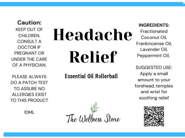 Label for a headache relief essential oil rollerball from The Wellness Store.