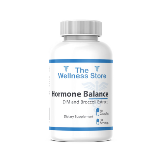 Supplement bottle labeled 'Hormone Balance' from 'The Wellness Store' on a white background