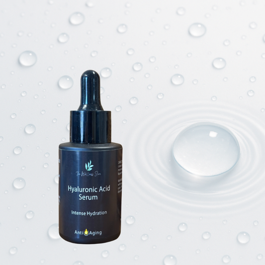 Hyaluronic Acid Serum bottle with dropper on a white background with water droplets