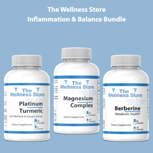 Three bottles of supplements from The Wellness Store on a blue background