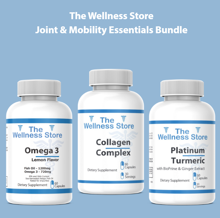 Three supplement bottles from The Wellness Store on a blue background