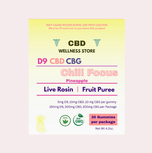 CBD Wellness Store product packaging with text and branding on a light pink background