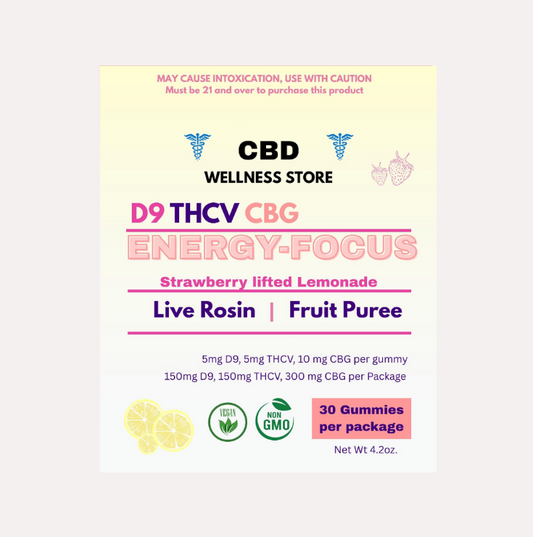 CBD Wellness Store product packaging for D9 THCV CBG energy focus gummies with strawberry lemonade flavor.