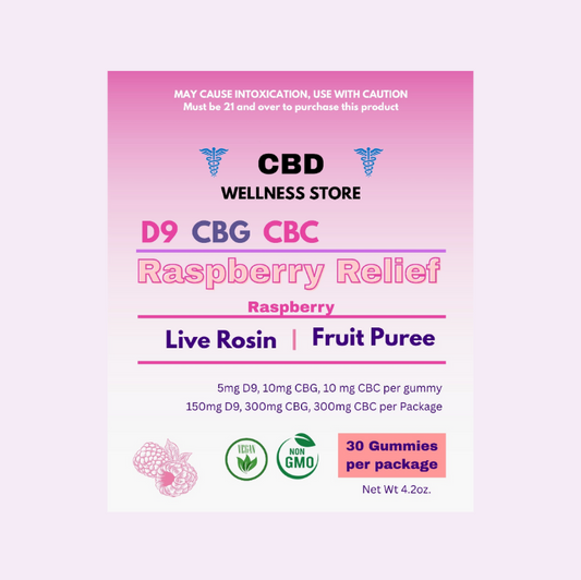 CBD Wellness Store product packaging with raspberry relief gummies on a pink gradient background