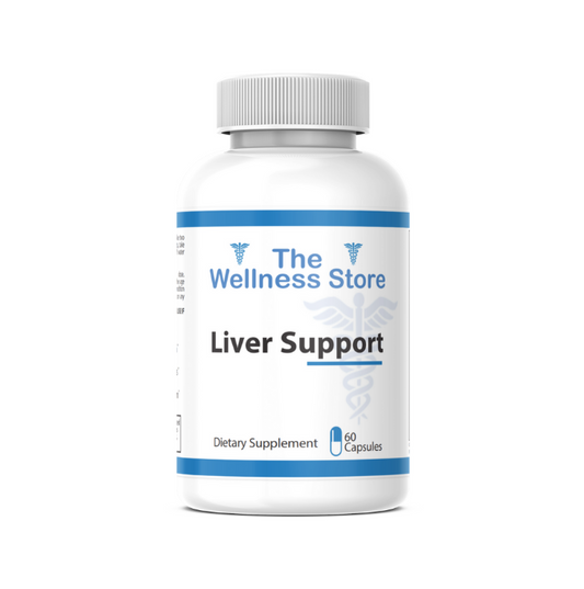 Supplement bottle labeled 'Liver Support' from 'The Wellness Store' on a white background