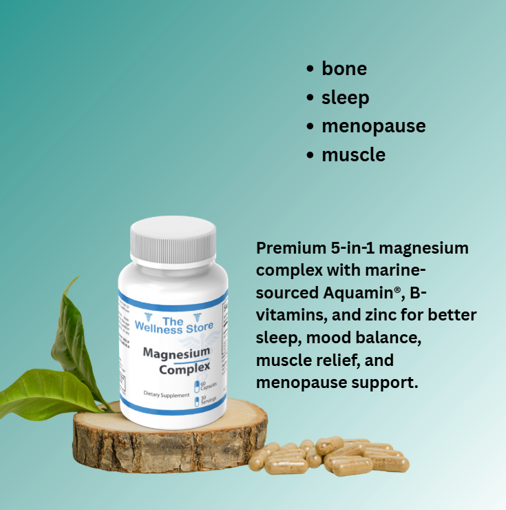 Supplement bottle labeled 'The Wellness Store' on a wooden block with text about magnesium complex benefits.
