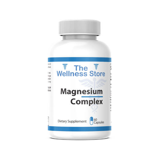 Supplement bottle labeled 'Magnesium Complex' from 'The Wellness Store' on a white background