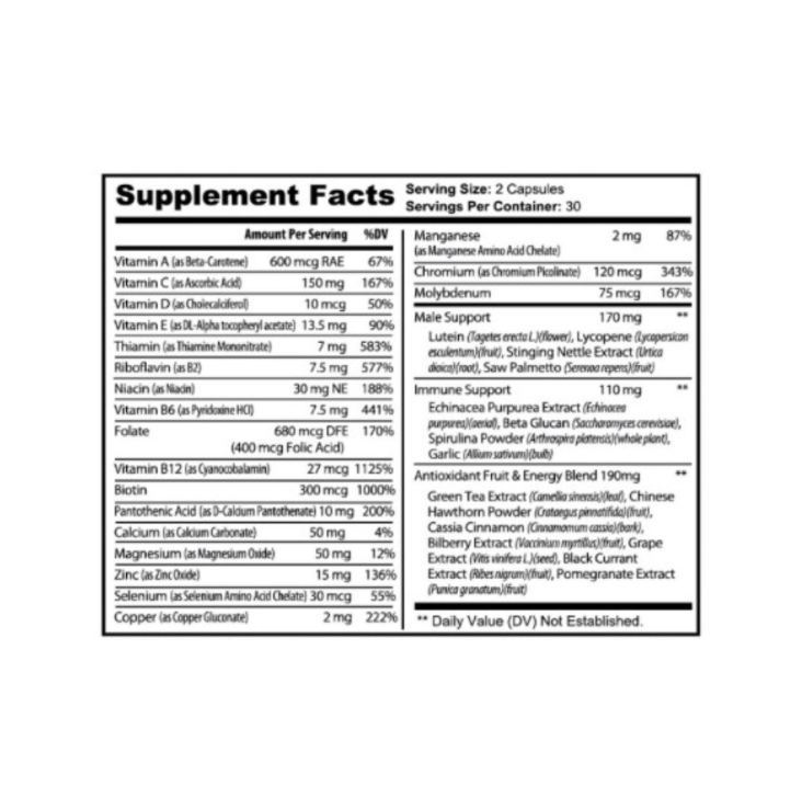 Supplement facts label with detailed nutritional information on a white background