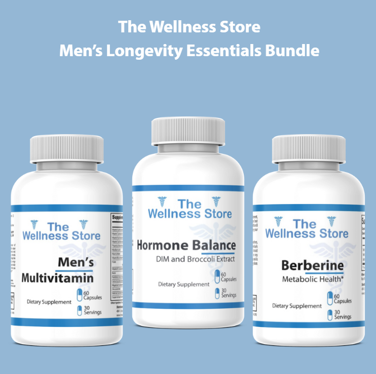 Three supplement bottles from The Wellness Store on a blue background
