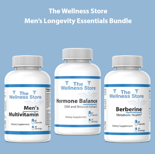 Three supplement bottles from The Wellness Store on a blue background