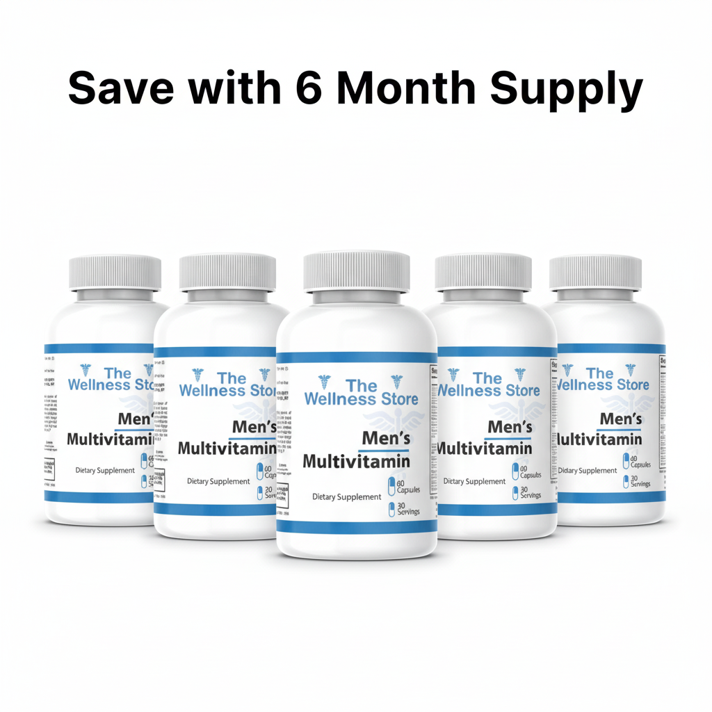 6 bottles Men's Multivitamin with Save with 6 Month Supply text