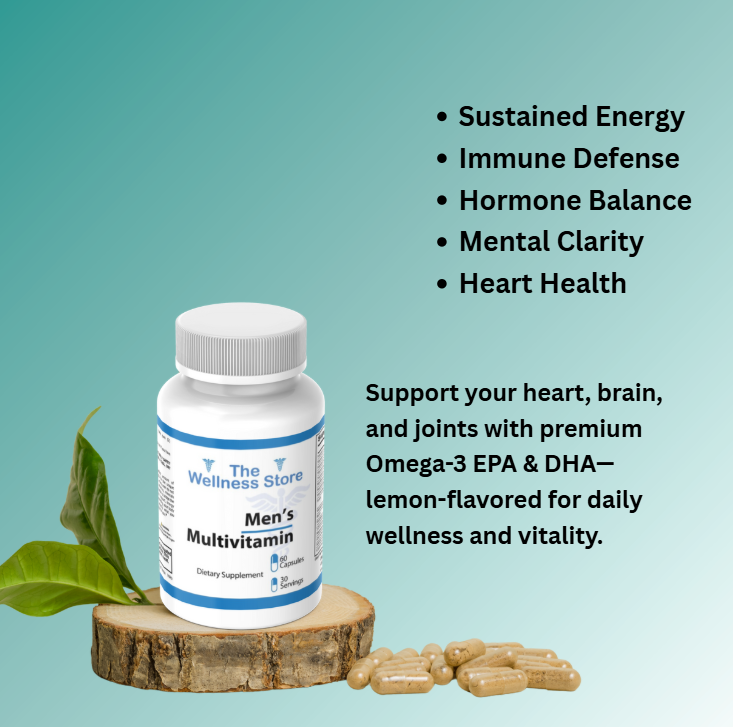Men's multivitamin bottle with lemon leaves and capsules on a wooden block against a teal background.
