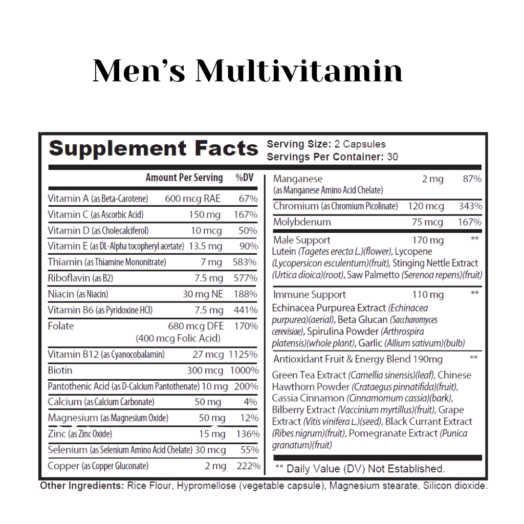 Men's multivitamin supplement facts label on a white background