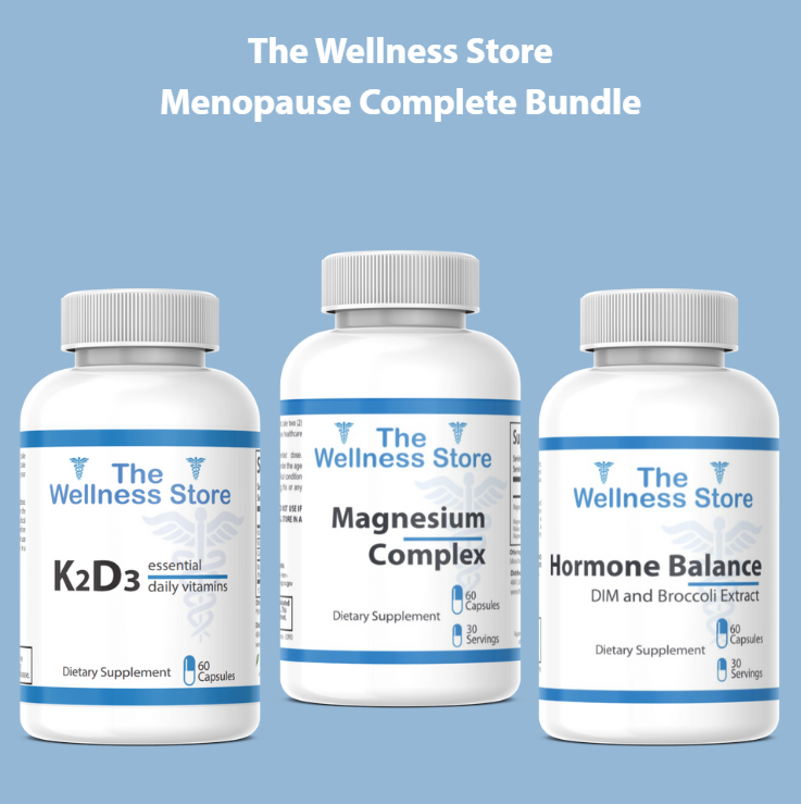 Three supplement bottles from The Wellness Store on a blue background