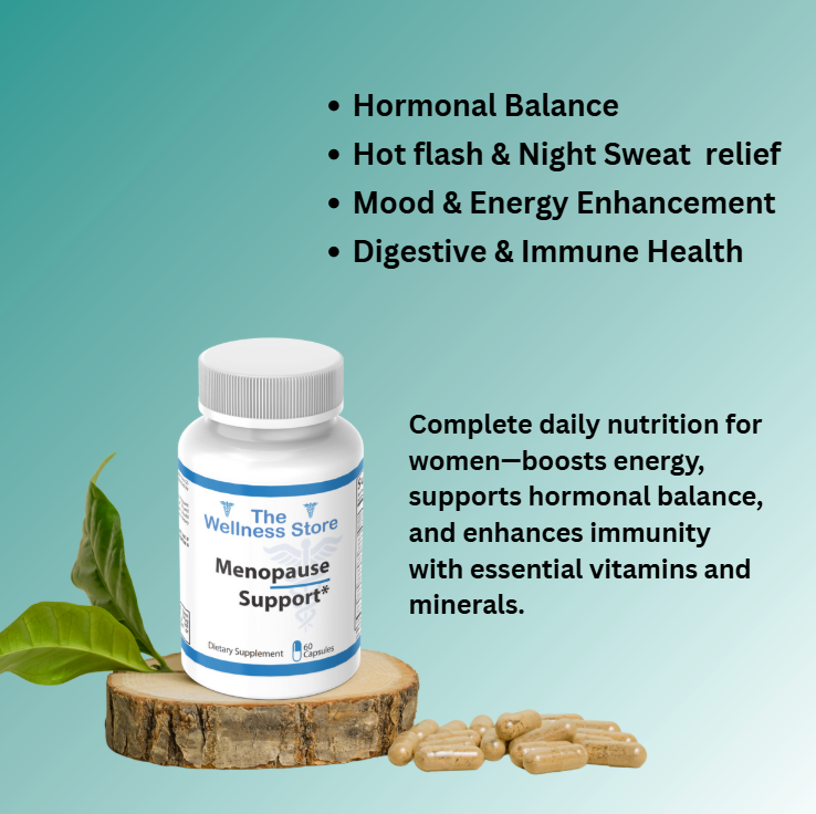 Supplement bottle labeled 'Menopause Support' from 'The Wellness Store' on a wooden block with text about its benefits.
