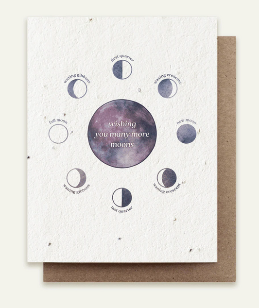 Greeting card with moon phases and text on a white background