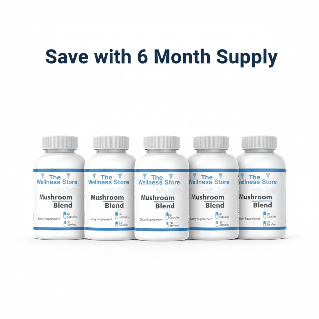 6 bottles Mushroom Blend with "Save with 6 Month Supply" text