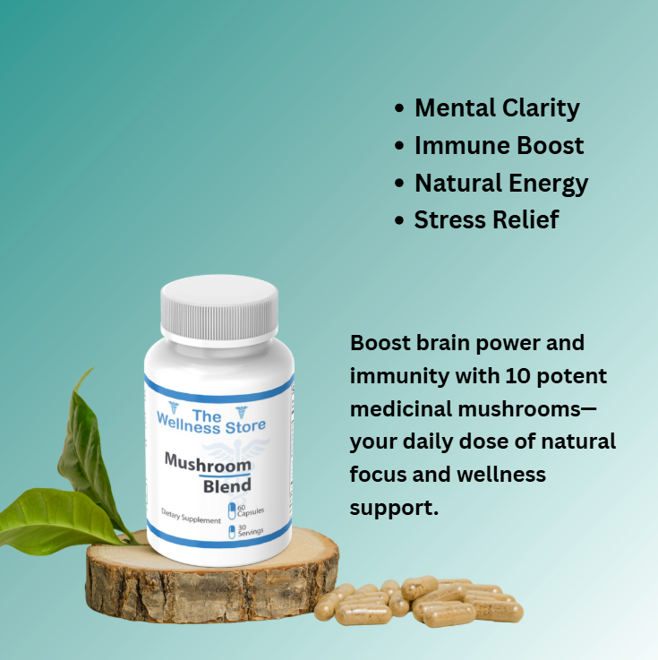 Mushroom blend supplement bottle with capsules and leaves on a teal background