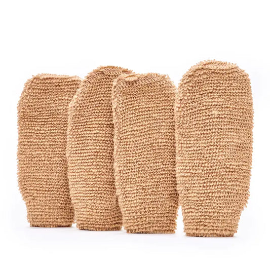 4 loofah mitts on a white background