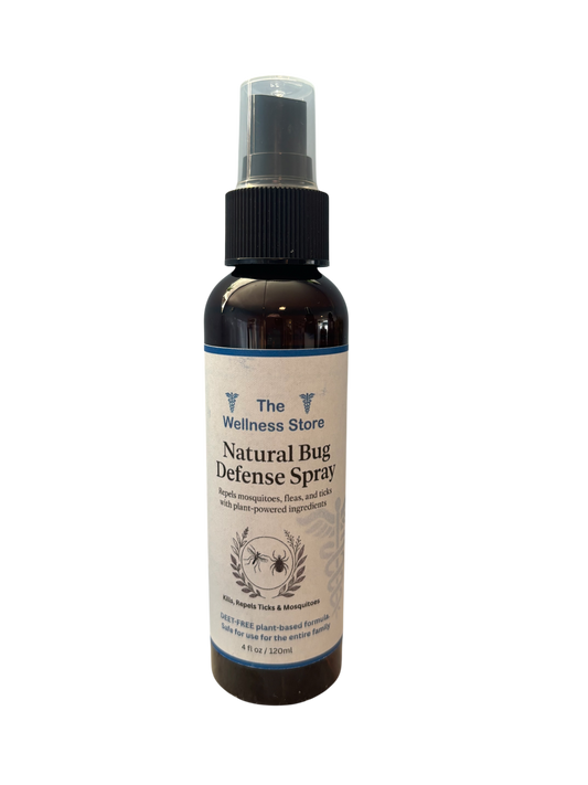 spray bottle with label saying Natural bug defense spray from the wellness store