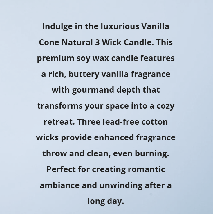 Text description of a Vanilla Cone Natural 3 Wick Candle on a light blue background