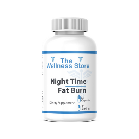 Supplement bottle labeled 'Night Time Fat Burn' from 'The Wellness Store' on a white background