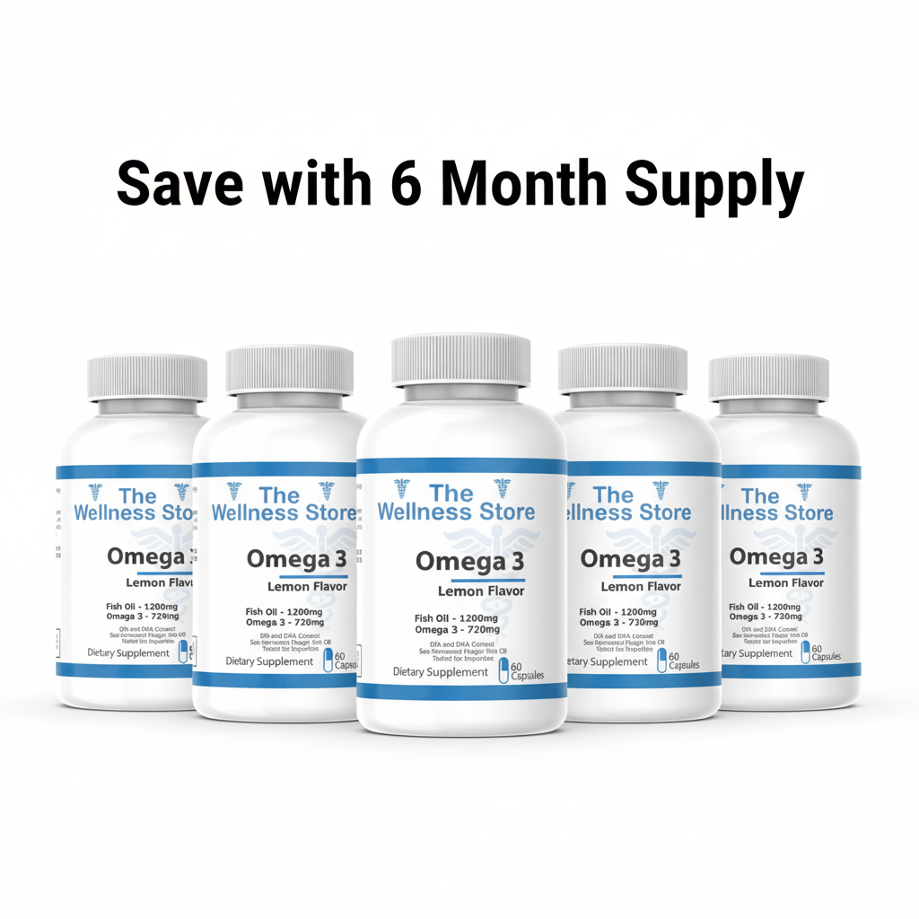 6 bottles Omega 3 with Save with 6 Month Supply text