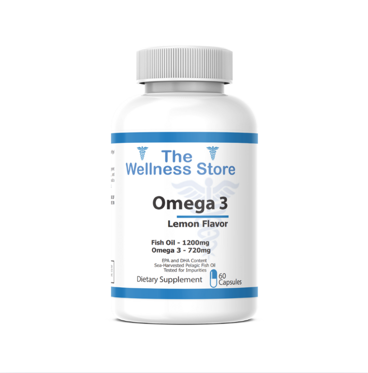 Omega 3 supplement bottle from The Wellness Store on a white background