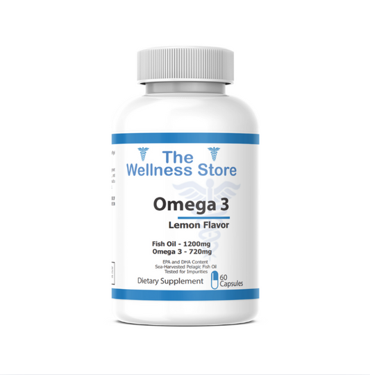 Omega 3 supplement bottle from The Wellness Store on a white background