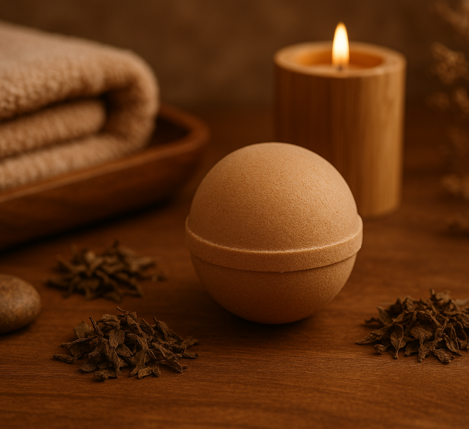 Brown bath bomb on a wooden surface with a lit candle and towels in the background
