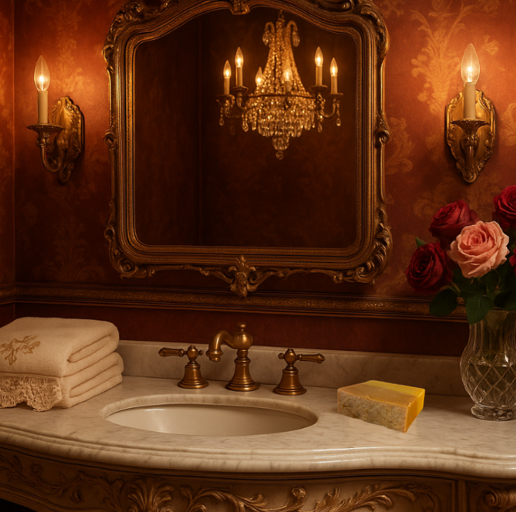 Luxurious bathroom with ornate mirror, sink, and decorative elements.