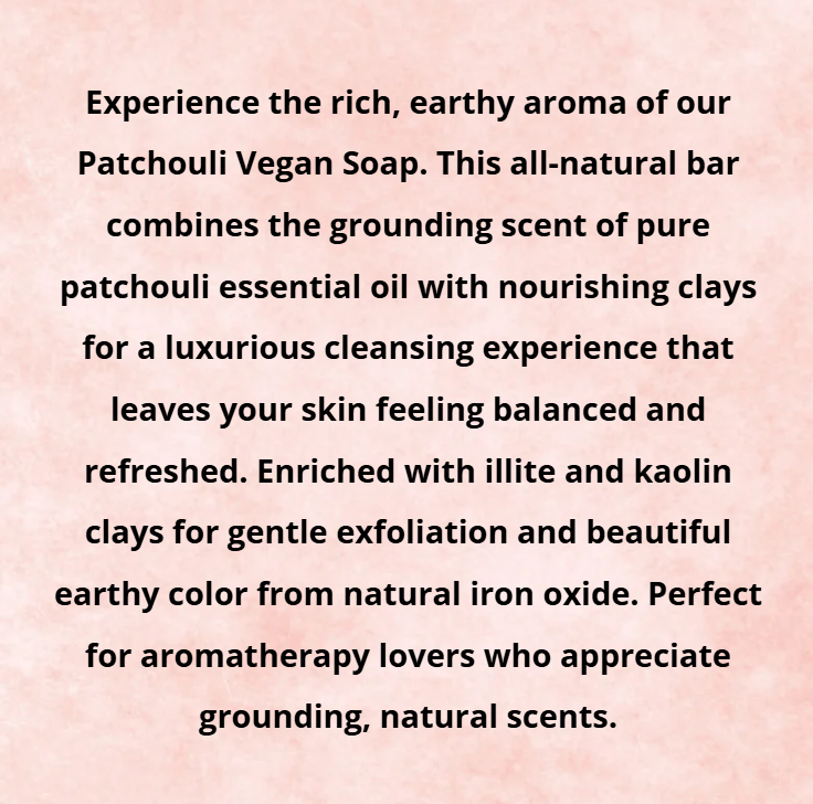 Text description of Patchouli Vegan Soap on a pink background