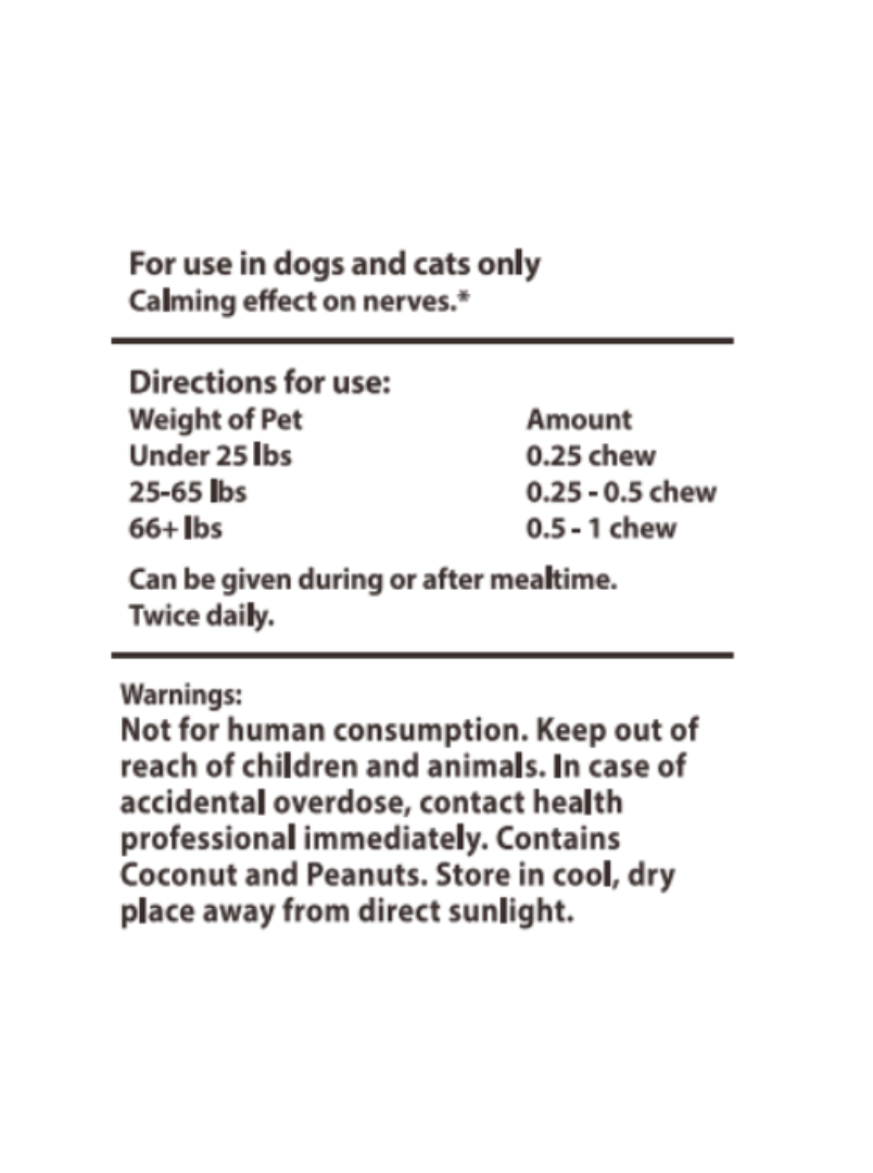 Pet Chews Product label with directions for use and warnings on a white background