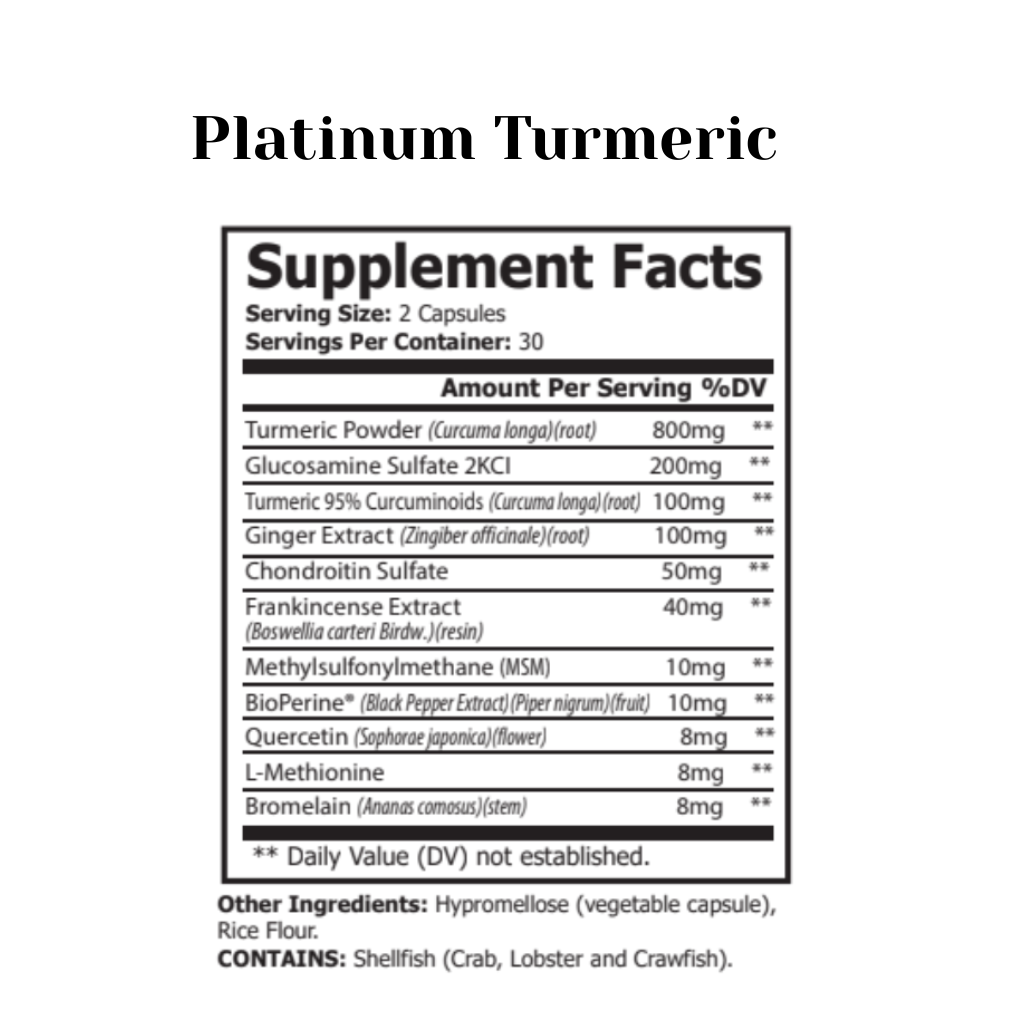 Supplement facts label for Platinum Turmeric on a white background