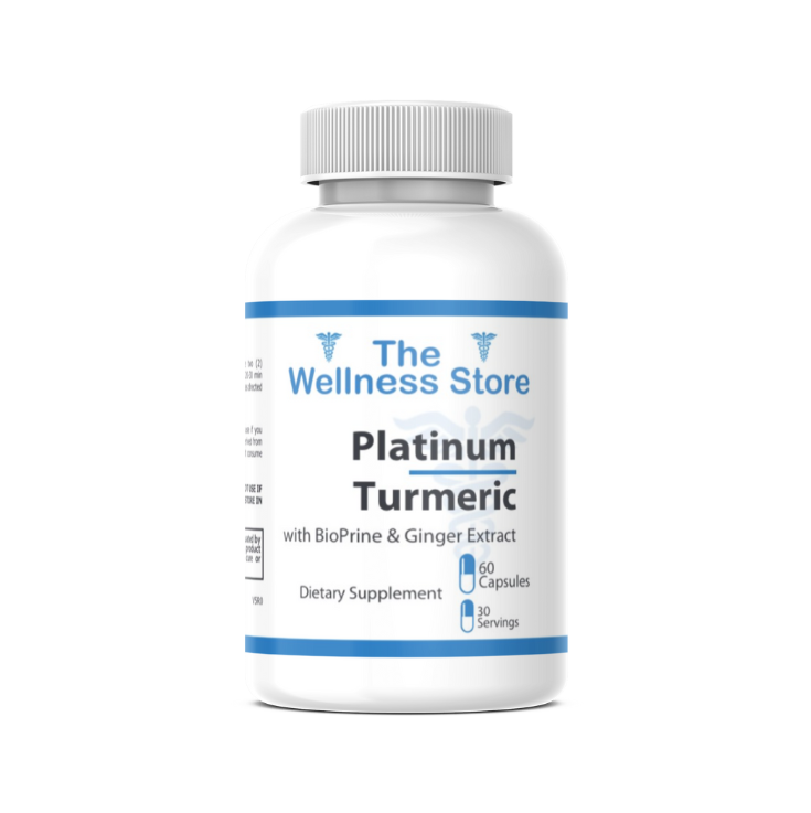 Supplement bottle labeled 'Platinum Turmeric' from 'The Wellness Store' on a white background