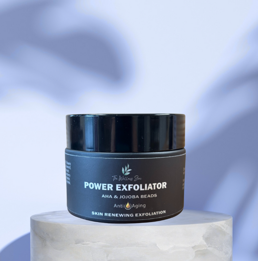 Jar of Power Exfoliator on a light blue gradient background