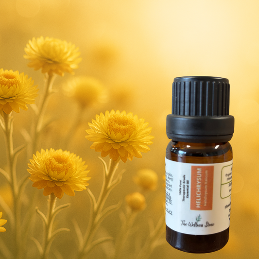 Bottle of Helichrysum essential oil with yellow flowers on a yellow background