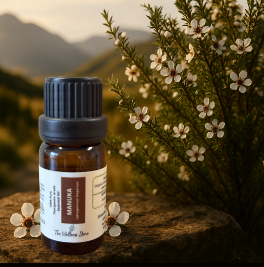 Manuka essential oil bottle with flowers and mountains in the background
