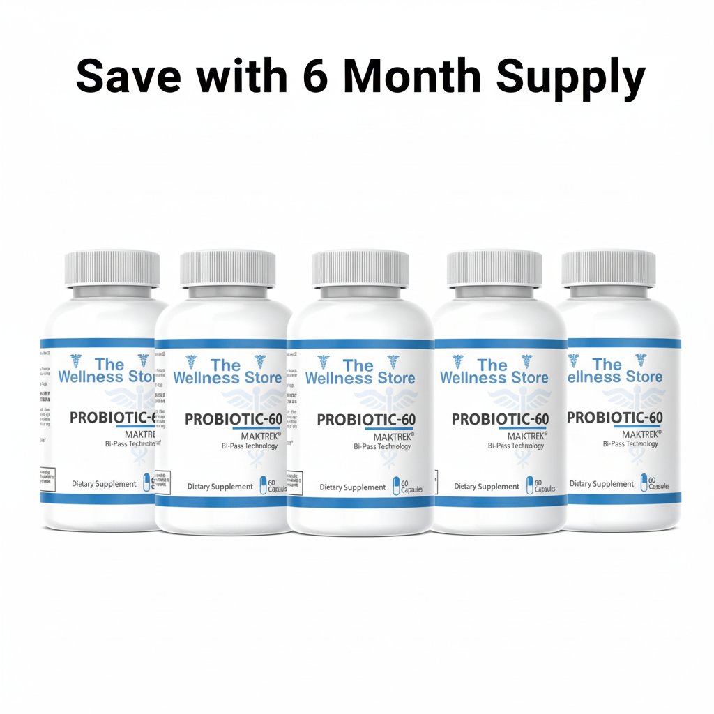 6 bottles Probiotic 60 with Save with 6 Month Supply text