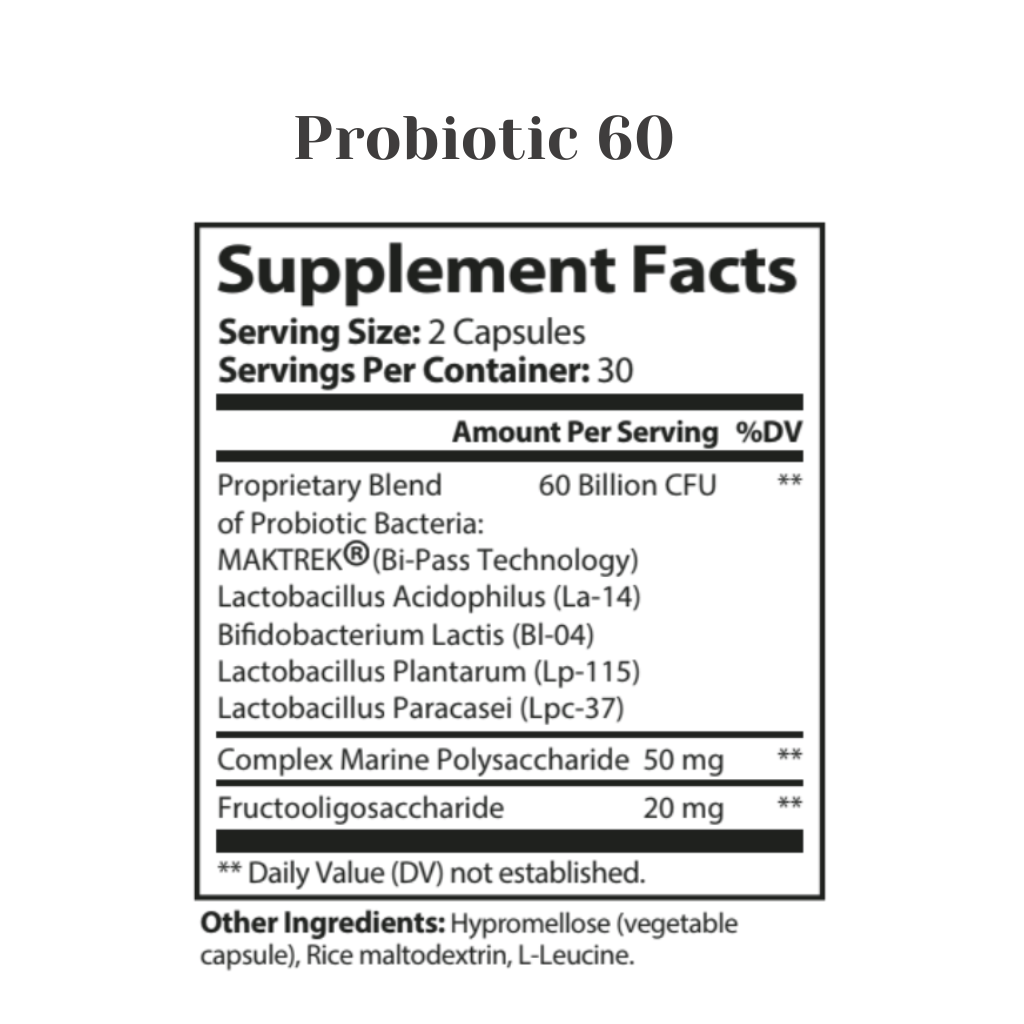 Supplement label for Probiotic 60 with detailed ingredient list on a white background