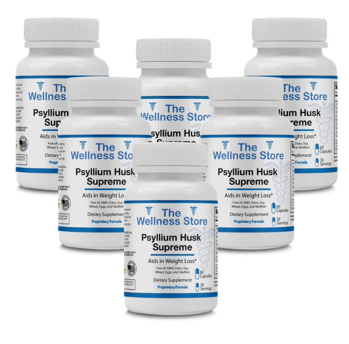 Six bottles of Psyllium Husk Supreme from The Wellness Store on a white background