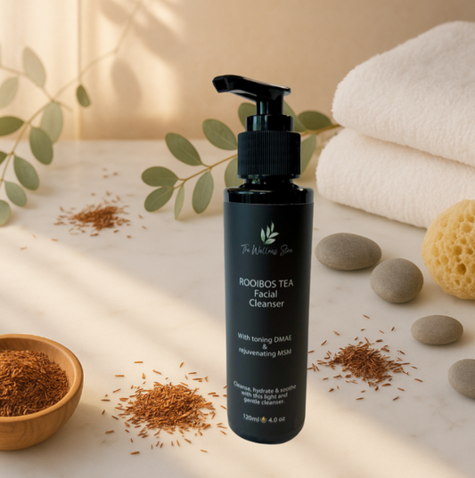 Facial cleanser bottle with rooibos tea on a natural setting