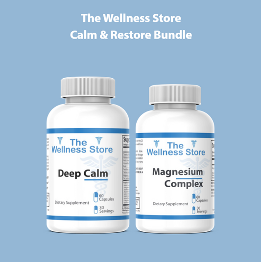 Two bottles of 'The Wellness Store' supplements on a blue background