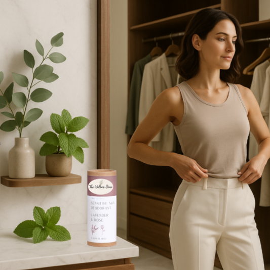 Woman in a beige tank top and white pants standing in a room with plants and a product container.