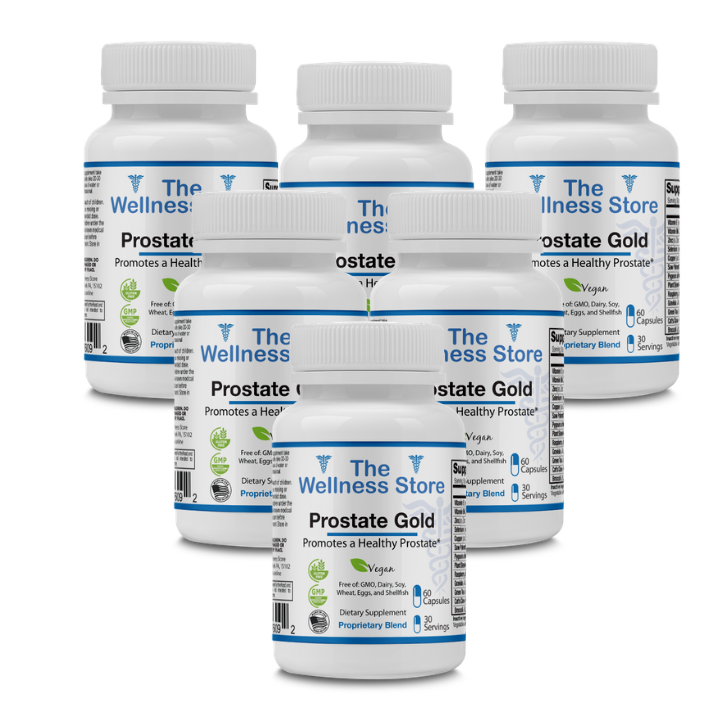 Six bottles of Prostate Gold supplement from The Wellness Store on a white background