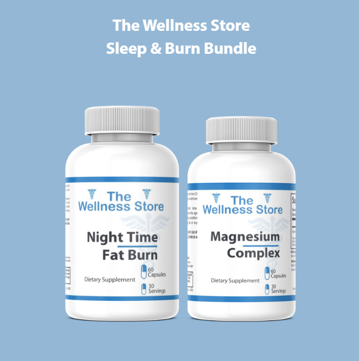 Two supplement bottles labeled 'Night Time Fat Burn' and 'Magnesium Complex' from 'The Wellness Store' on a blue background.