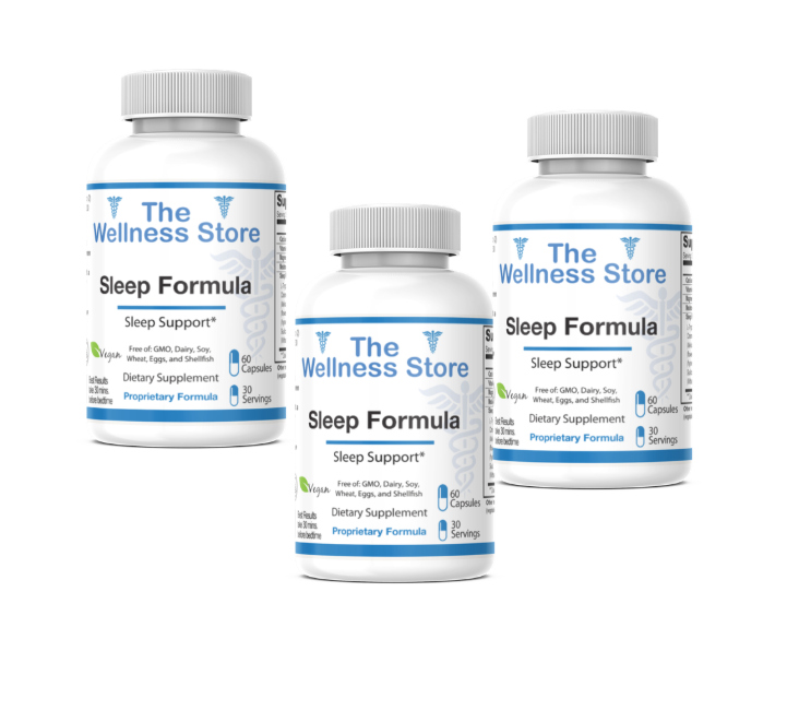 Three bottles of The Wellness Store Sleep Supplements on a white background