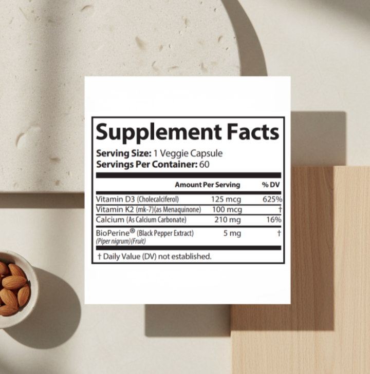 Vitamin D3 K2 supplement bottle with natural wellness elements - premium bone support formula with calcium absorption support