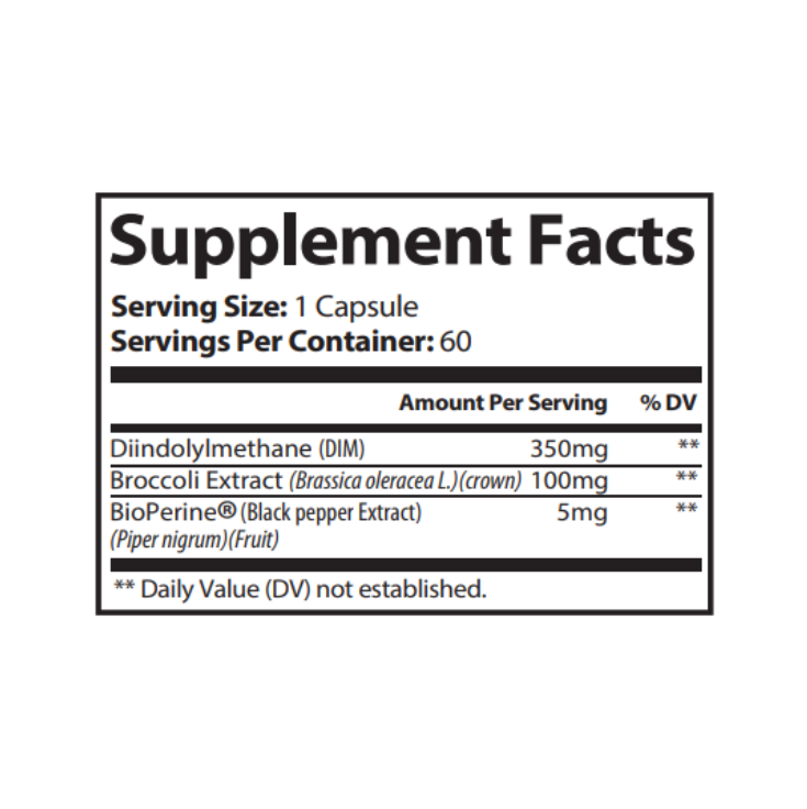 Hormone balance supplement facts label with DIM 350mg, broccoli extract 100mg, and BioPerine 5mg ingredients