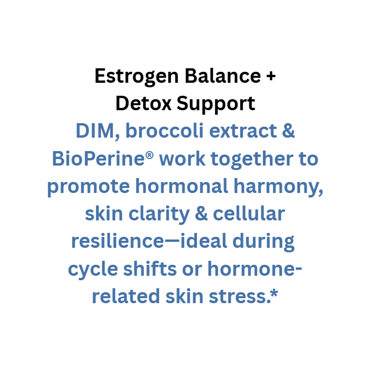 Text describing estrogen balance and detox support with DIM, broccoli extract, and BioPerine on a white background.